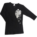 フラスタイル 七分袖 ストレッチTシャツ モンステラ＆プルメリア ブラック