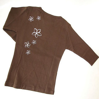 フラスタイル 七分袖 ストレッチTシャツ モンステラ＆プルメリア ブラウン