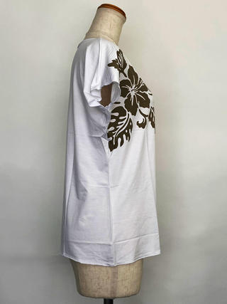 PUKANA ノースリーブストレッチTシャツ ハイビスカス ホワイト ML&XL