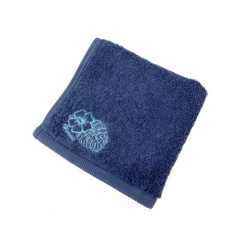 ハワイアン刺繍ハンドタオル モンステラハイビスカス ネイビー