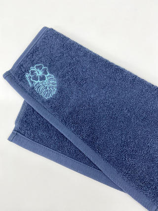 ハワイアン刺繍ハンドタオル モンステラハイビスカス ネイビー