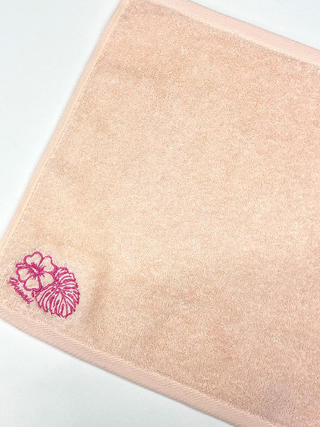 ハワイアン刺繍ハンドタオル モンステラハイビスカス ライトピンク