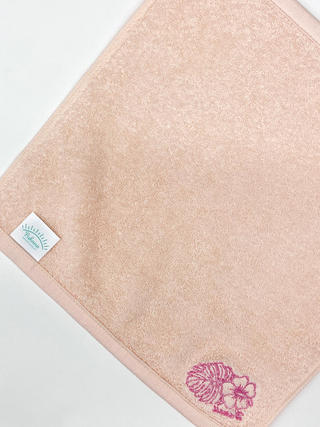 ハワイアン刺繍ハンドタオル モンステラハイビスカス ライトピンク