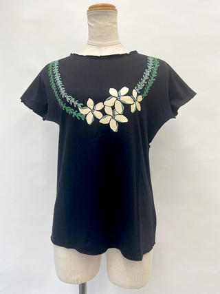 PUKANA ノースリーブストレッチTシャツ プルメリアレイ ブラック ML&XL