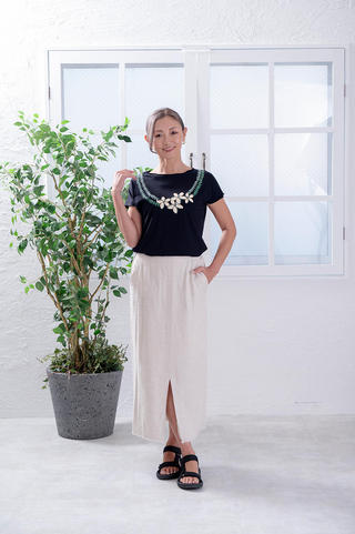 PUKANA ノースリーブストレッチTシャツ プルメリアレイ ブラック ML&XL