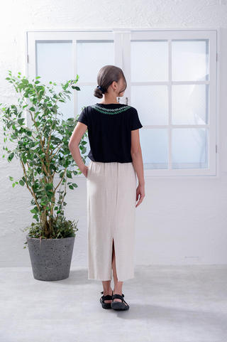 PUKANA ノースリーブストレッチTシャツ プルメリアレイ ブラック ML&XL