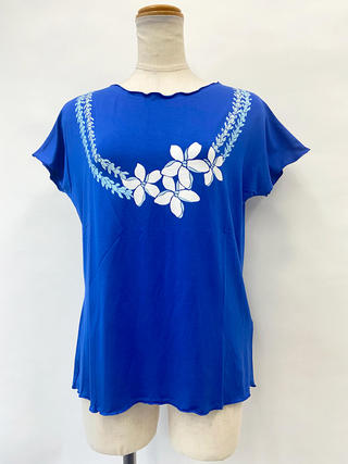 PUKANA ノースリーブストレッチTシャツ プルメリアレイ ブルー ML&XL