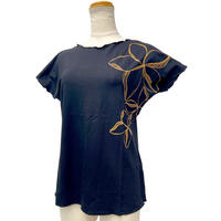 PUKANA ノースリーブストレッチTシャツ ラメプリント プルメリアブラック ML&XL