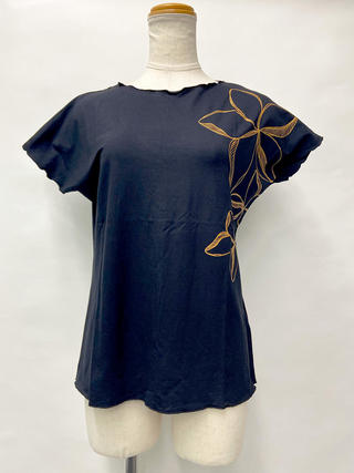 PUKANA ノースリーブストレッチTシャツ ラメプリント プルメリアブラック ML&XL