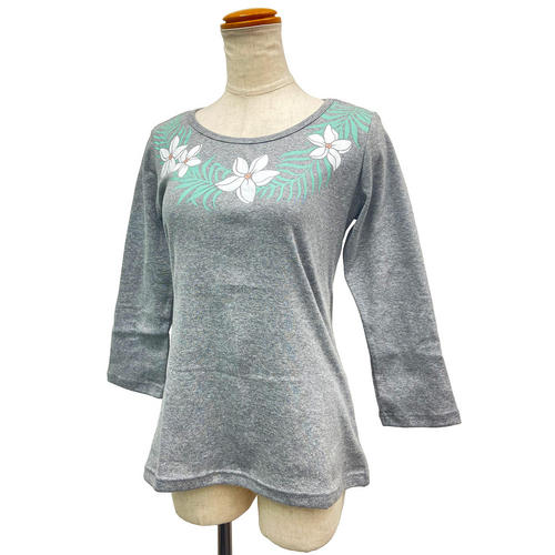 PUKANA 七分袖 ストレッチTシャツ プルメリアレイ グレー