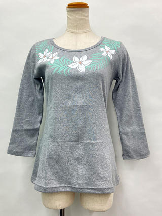 PUKANA 七分袖 ストレッチTシャツ プルメリアレイ グレー