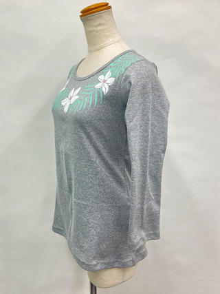 PUKANA 七分袖 ストレッチTシャツ プルメリアレイ グレー