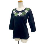 PUKANA 七分袖 ストレッチTシャツ プルメリアレイ ブラック