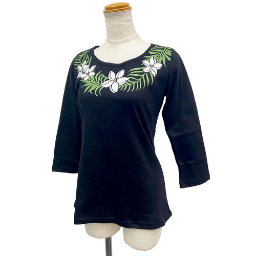 PUKANA 七分袖 ストレッチTシャツ プルメリアレイ ブラック