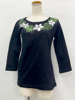 PUKANA 七分袖 ストレッチTシャツ プルメリアレイ ブラック