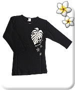 ７分袖 ストレッチTシャツ モンステラ＆プルメリア ブラック