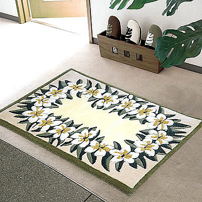 ハワイアン ラグ(段通織り) プルメリア・レイ(イエロー)60cm×90cm