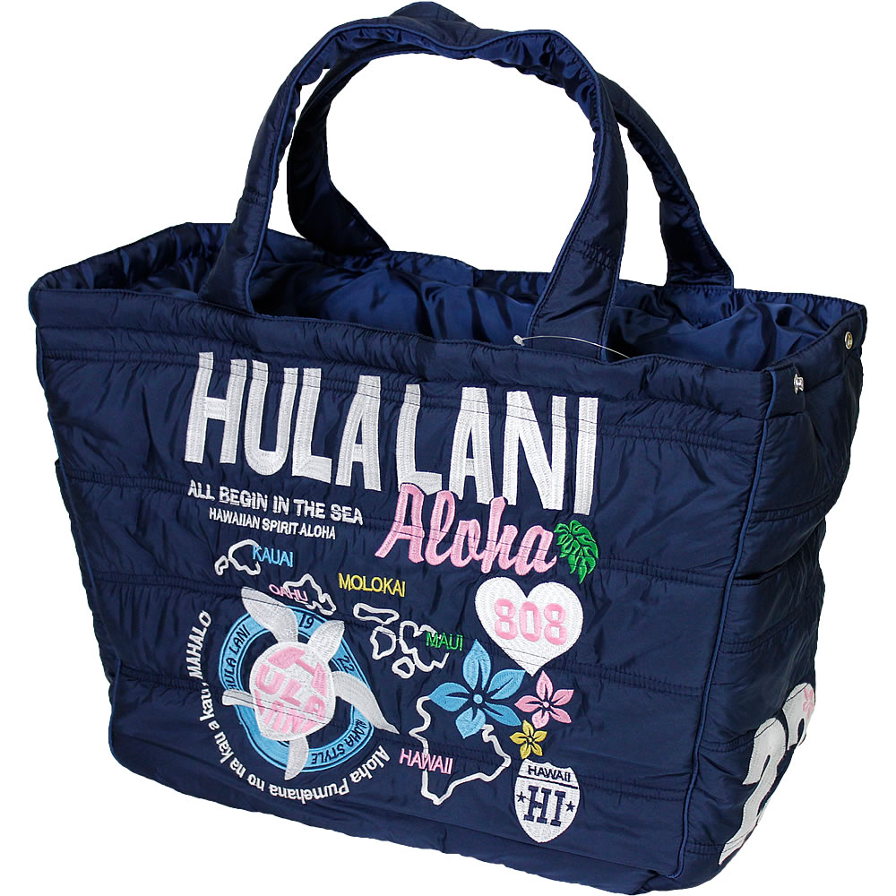 Hula Lani トートバッグ Lサイズ オール刺繍アロハアイランド ネイビー
