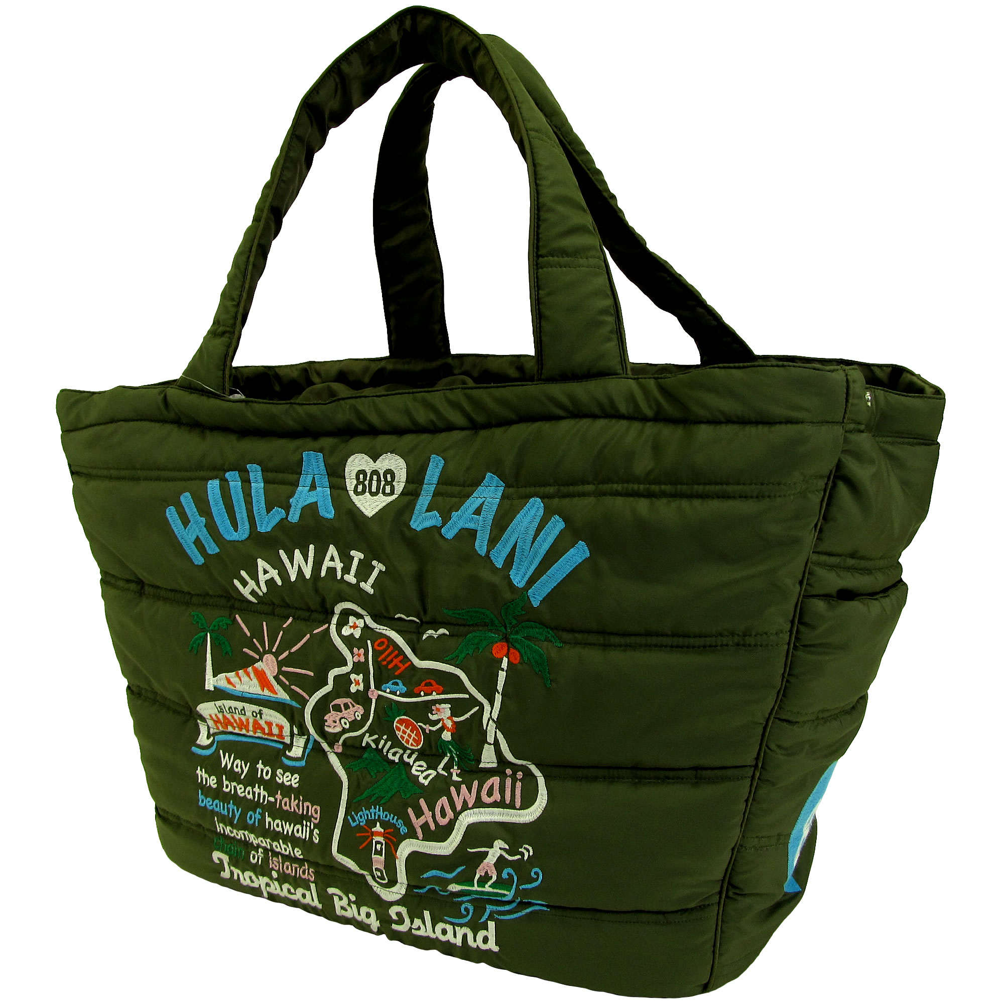 フララニ(Hula Lani)トートバッグ(Lサイズ) オール刺繍アイランド カーキ