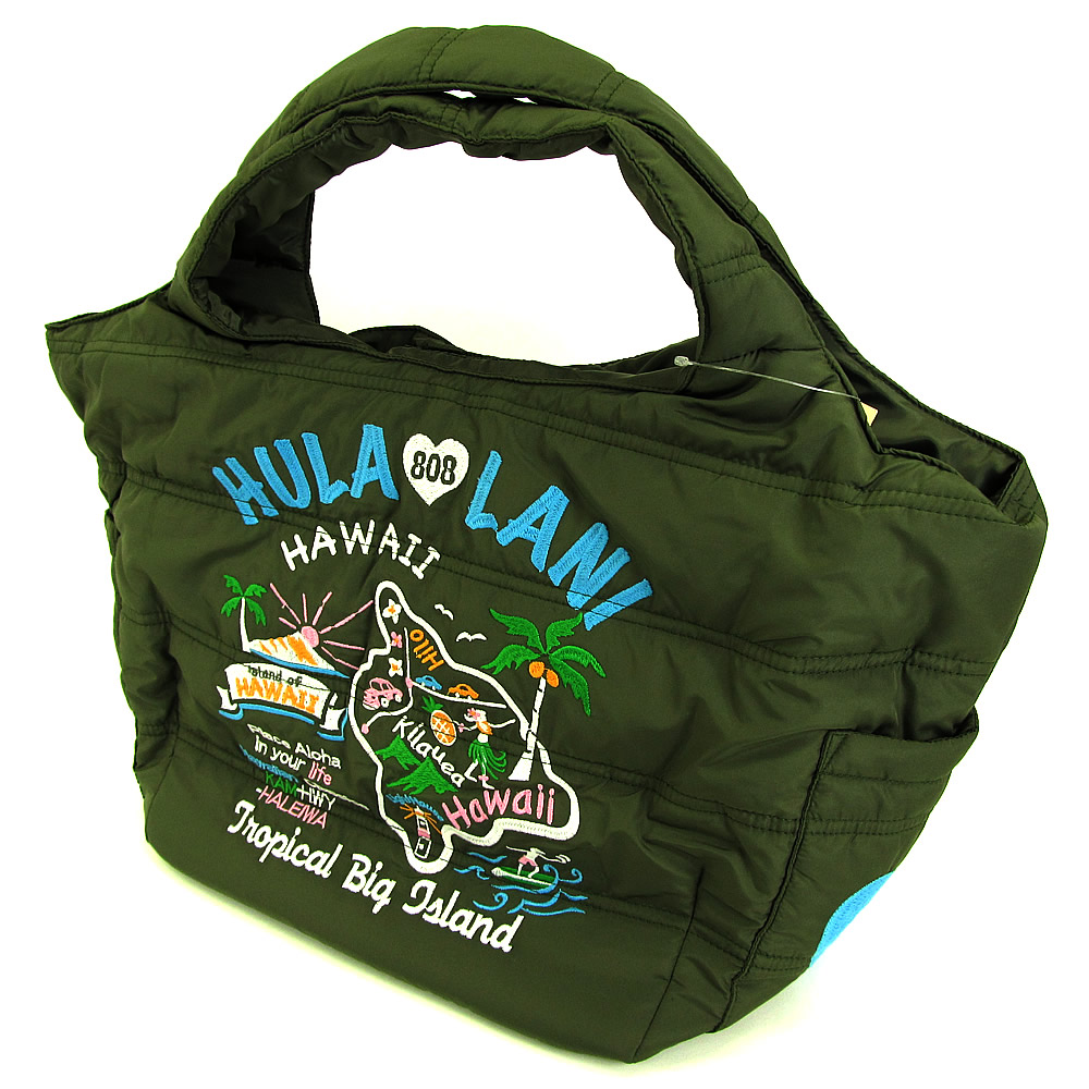 フララニ(Hula Lani)トートバッグ(Mサイズ) オール刺繍アイランド カーキ